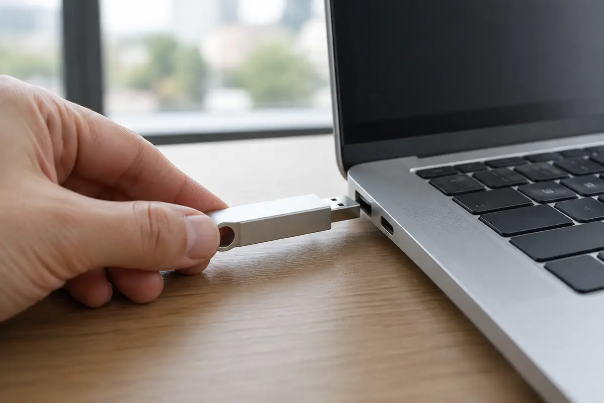 Рука держит металлический USB-накопитель у бокового порта серебристого ноутбука на деревянном столе у окна