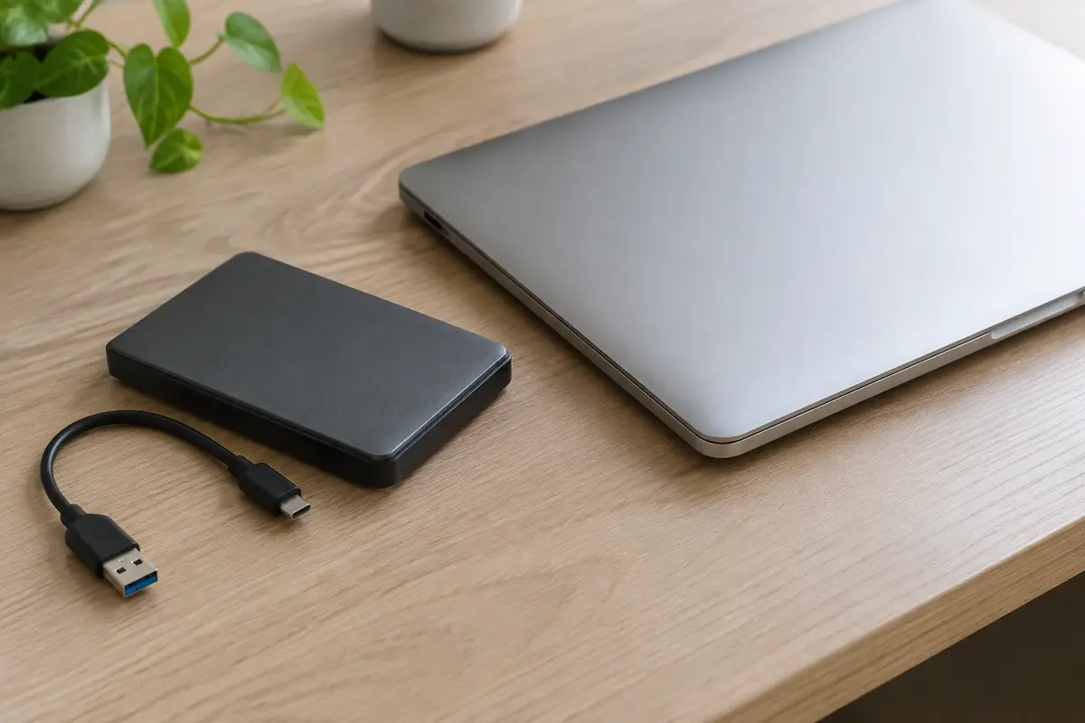 Чёрный портативный жёсткий диск с короткой USB-кабелем лежит рядом с закрытым серебристым ноутбуком на светлом деревянном столе