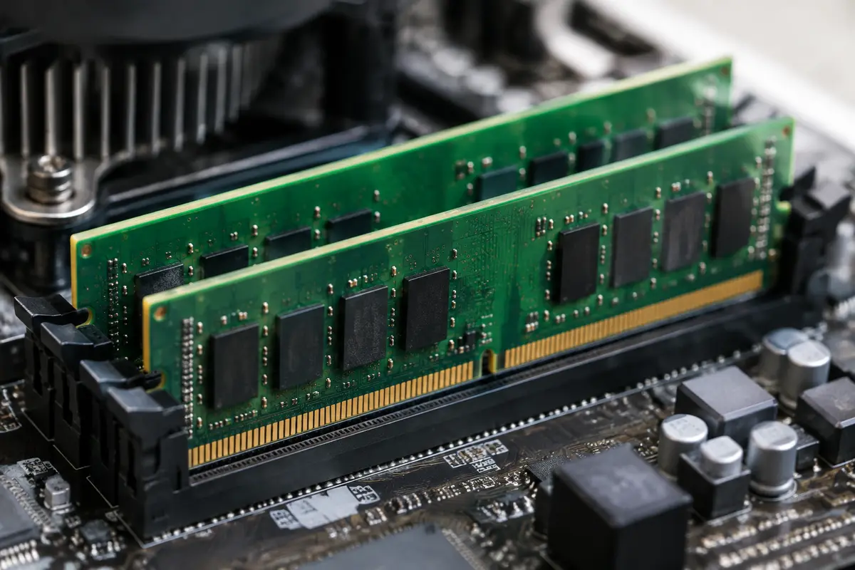 Два модуля оперативной памяти DDR4 установлены в слоты материнской платы настольного компьютера, видны золотистые контакты
