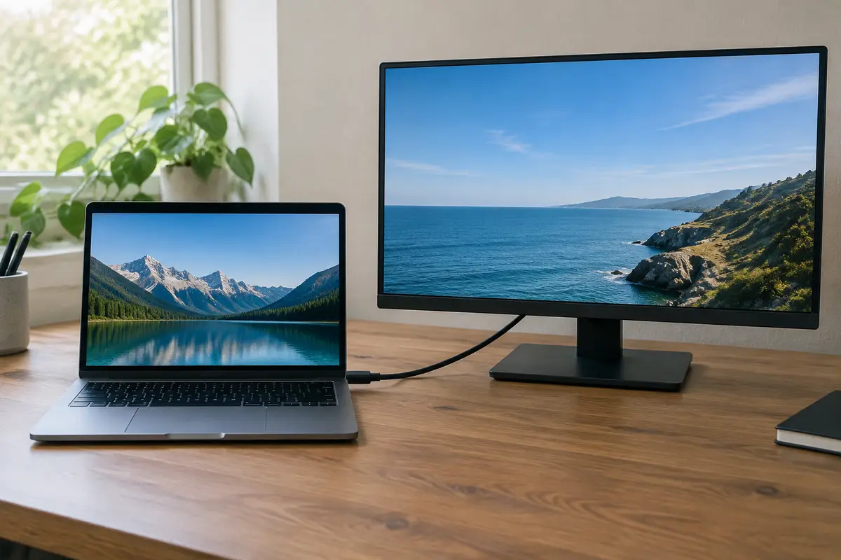 Ноутбук подключён кабелем HDMI к внешнему монитору на столе, на обоих экранах пейзажные обои