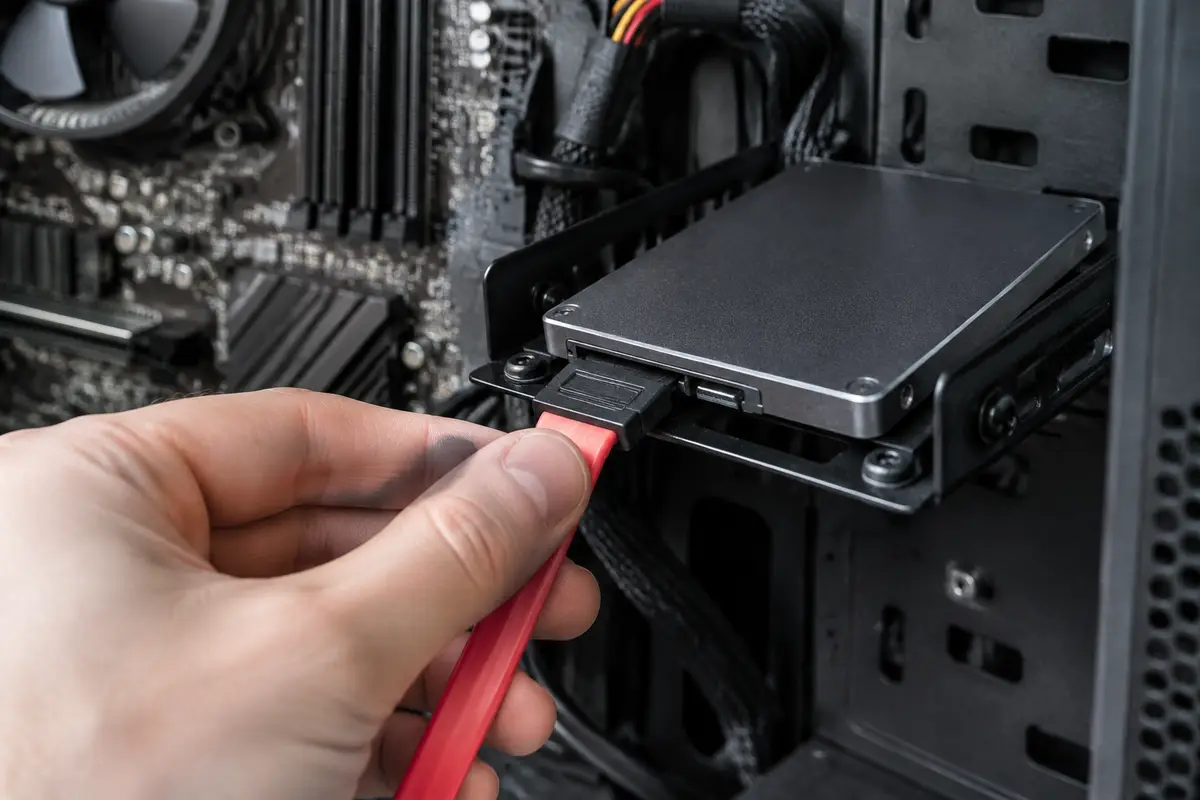 Рука подключает красный кабель SATA к накопителю 2,5 дюйма в открытом системном блоке