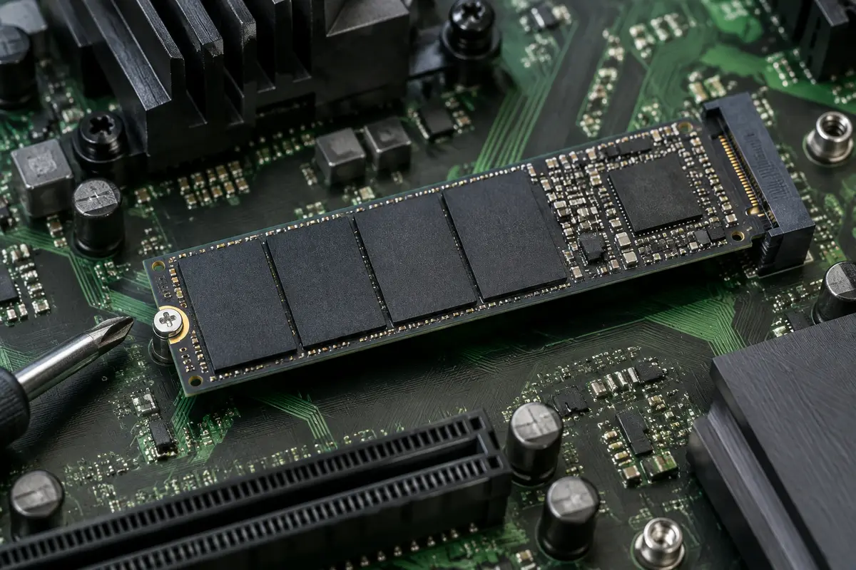 Накопитель M.2 NVMe закреплён винтом в слоте на материнской плате, рядом лежит отвёртка