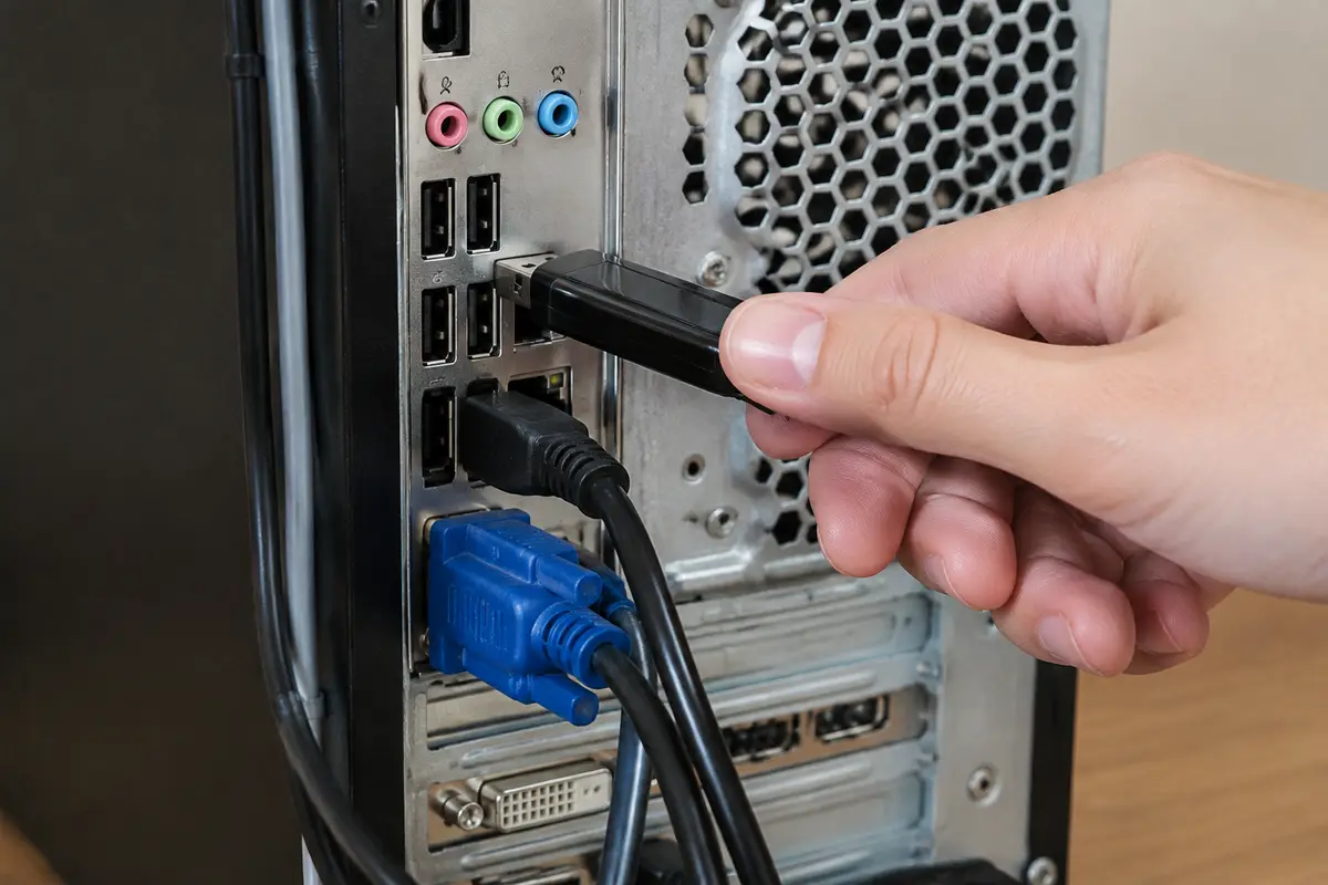 Рука достаёт чёрную флешку из USB-порта на задней панели системного блока
