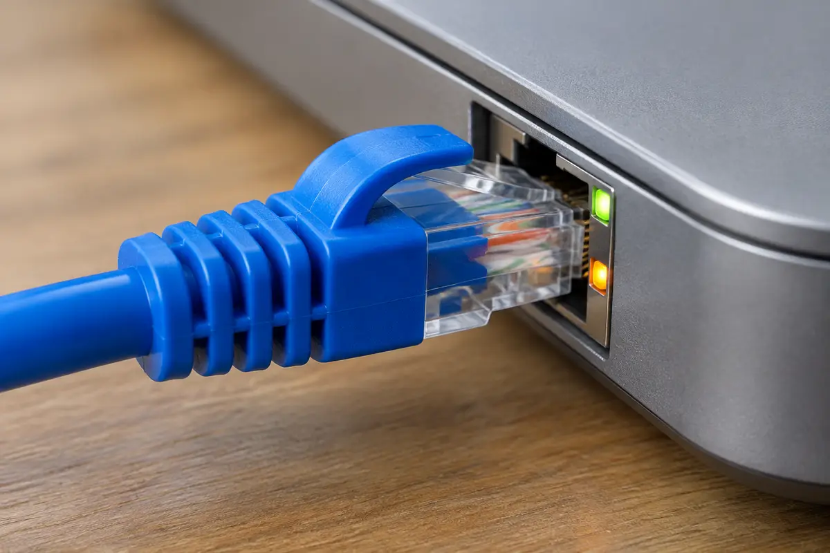 Синий сетевой кабель вставляется в разъём Ethernet на боковой стороне ноутбука, горят зелёный и оранжевый индикаторы порта