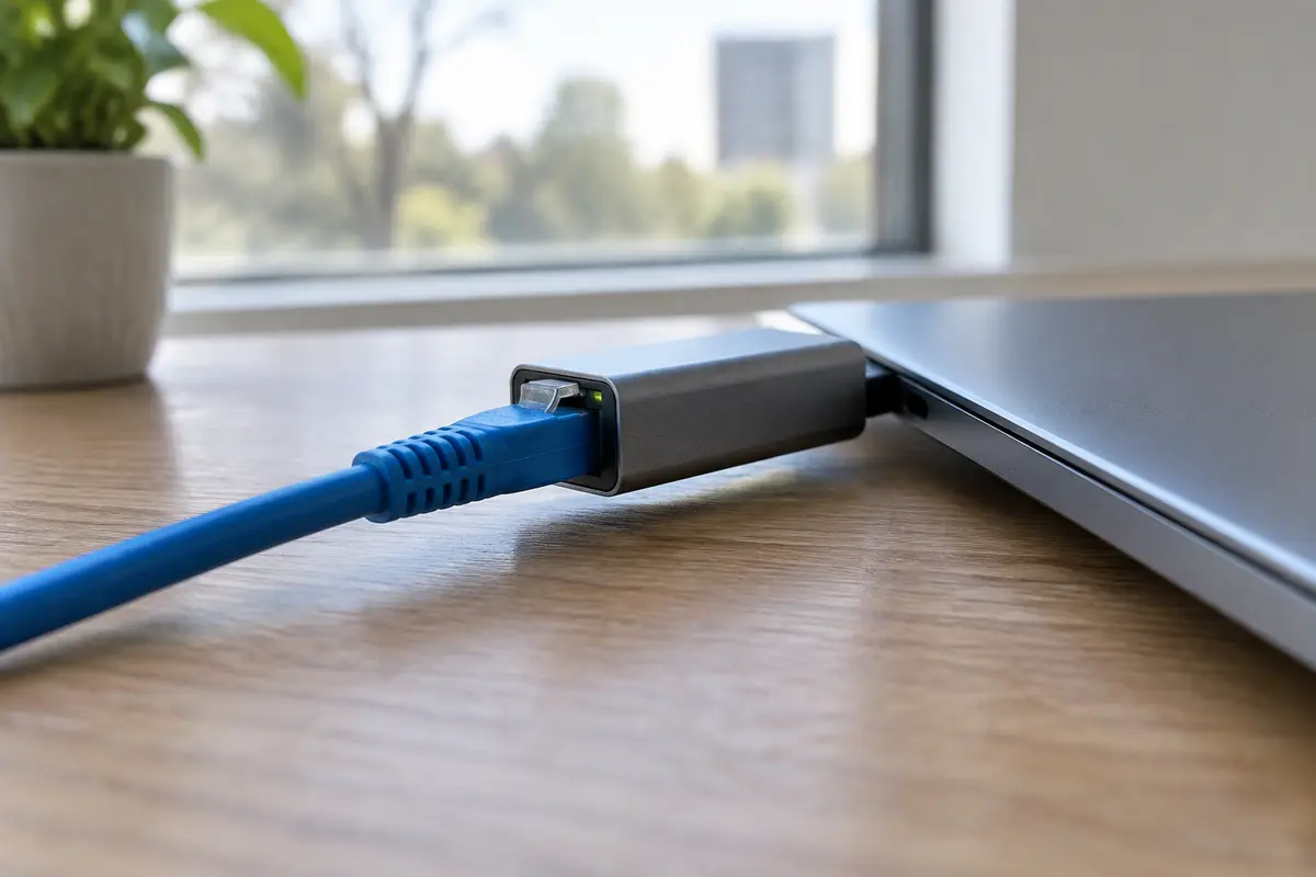 Серый USB-адаптер Ethernet вставлен в боковой порт ноутбука, в него включён синий сетевой кабель, у окна на столе
