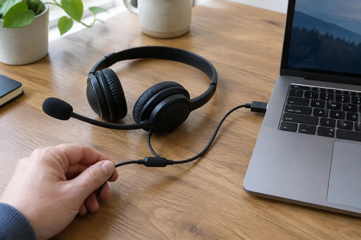 USB-гарнитура с микрофоном лежит на столе, провод подключён к порту ноутбука, рука держит кабель