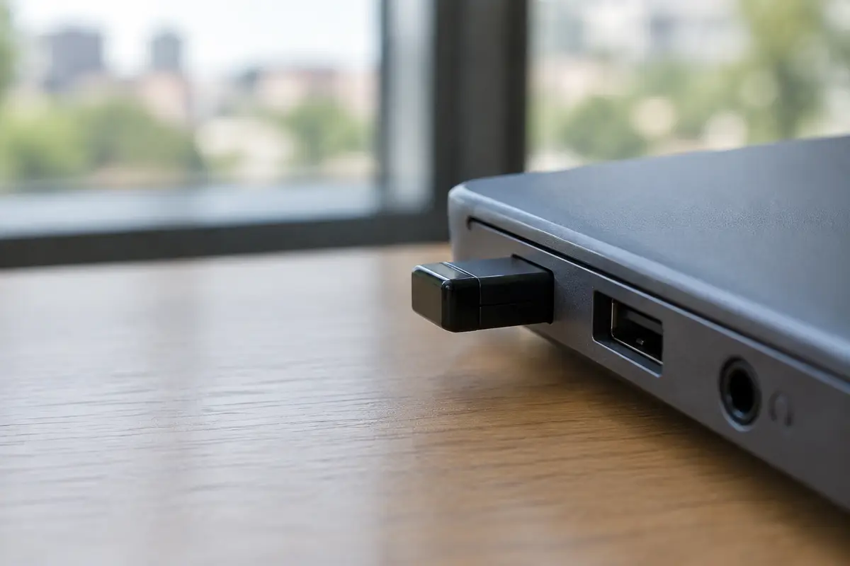 Крупный план чёрного USB-адаптера, вставленного в боковой порт ноутбука рядом со свободным портом