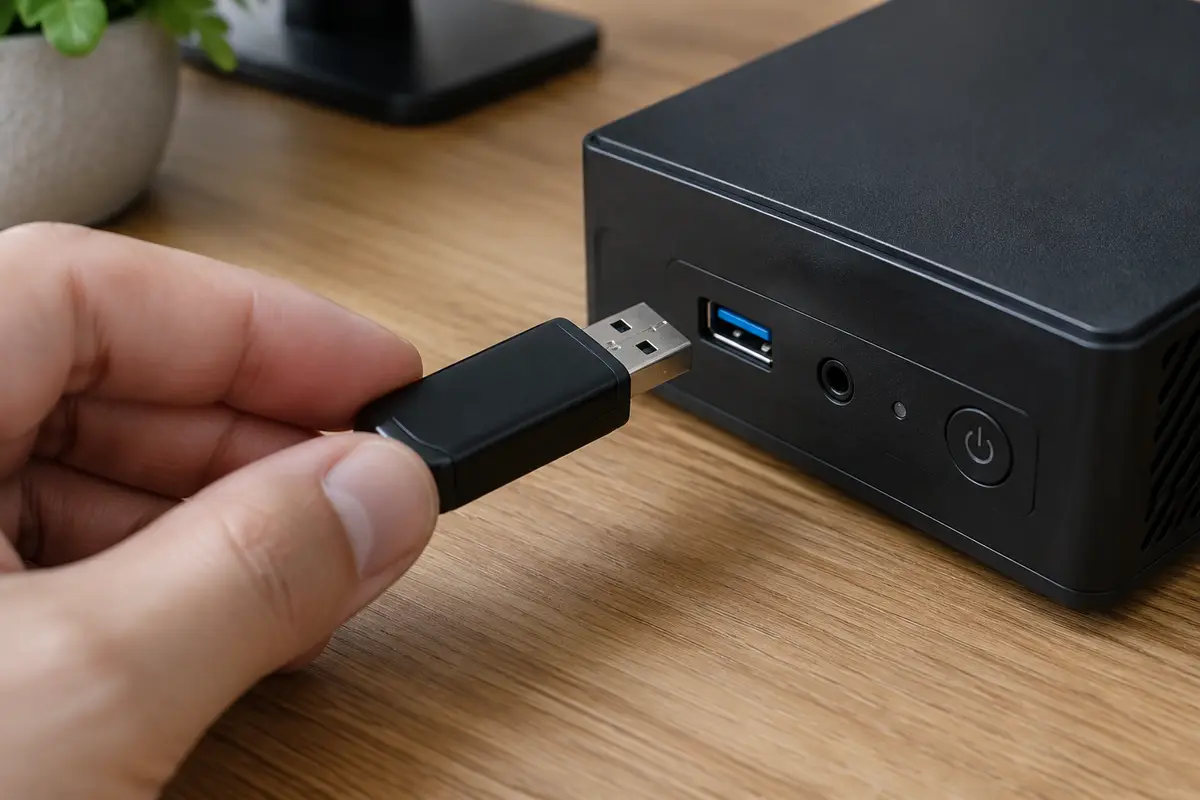 Рука подносит чёрную флешку к USB-порту на передней панели небольшого чёрного мини-ПК