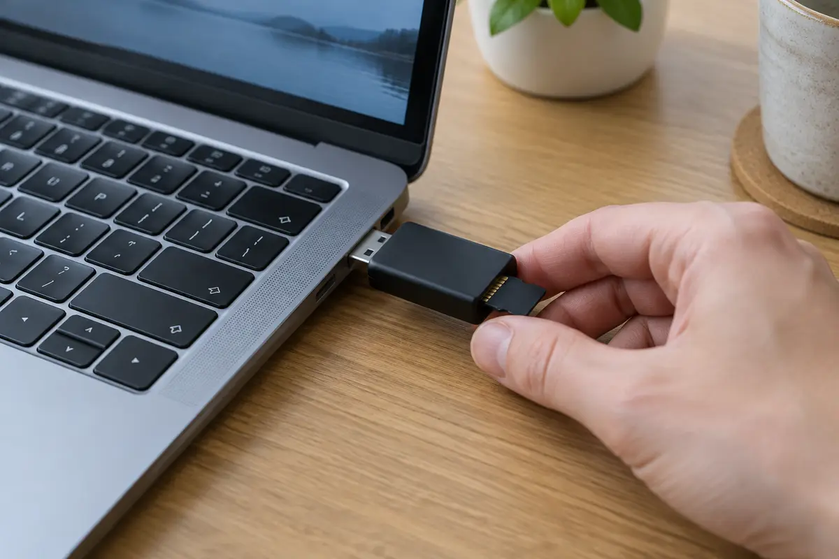 Рука вставляет карту microSD в чёрный USB-картридер, подключённый к боковому порту серого ноутбука